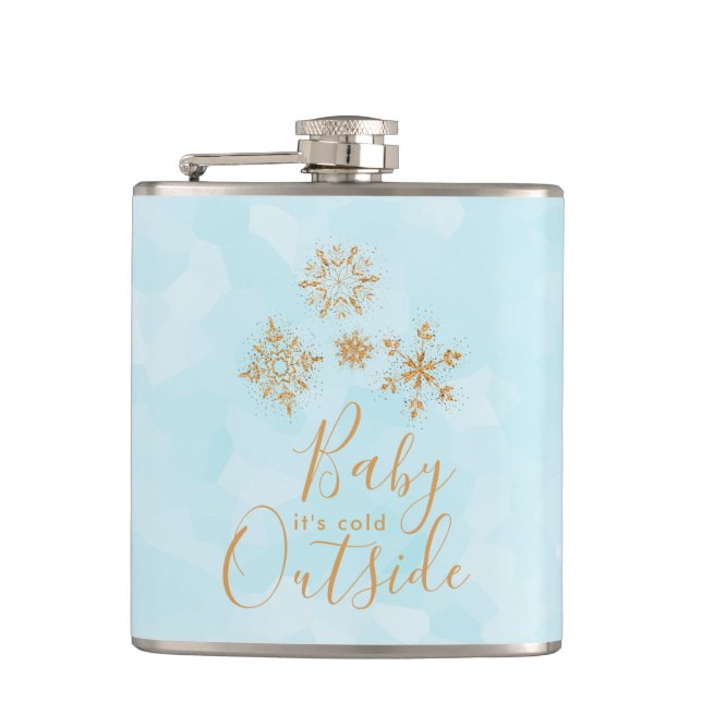Baby it's Cold Outside Gold Snowflakes on Blue Hip Flask (Front)