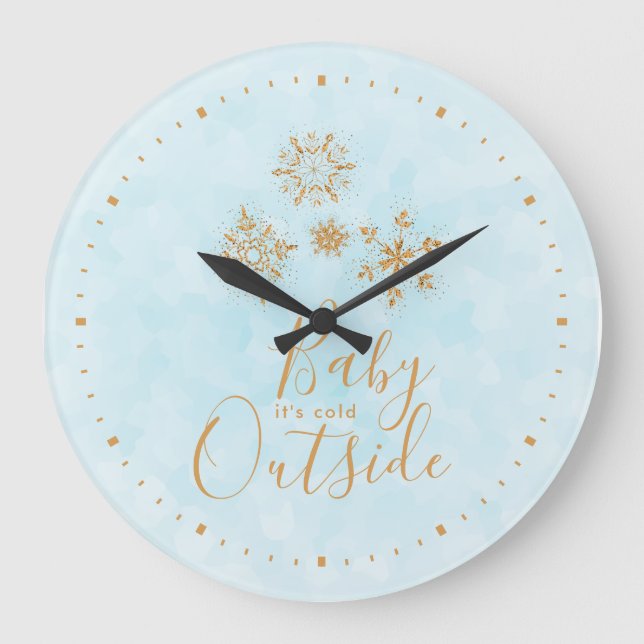 Baby it's Cold Outside Gold Snowflakes on Blue Large Clock (Front)