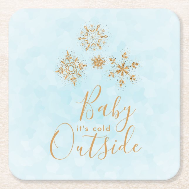 Baby it's Cold Outside Gold Snowflakes on Blue Square Paper Coaster (Front)