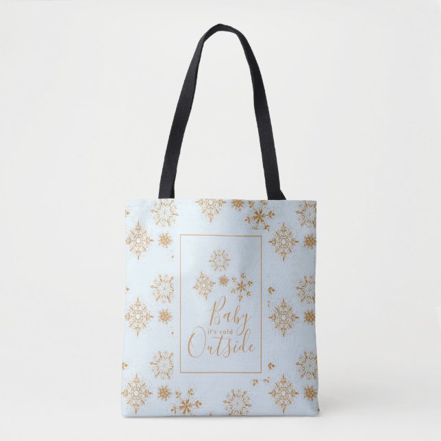 Baby it's Cold Outside Gold Snowflakes on Blue Tote Bag (Front)