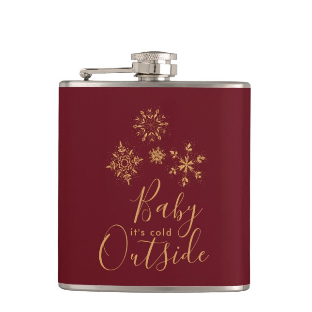 Baby it's Cold Outside Golden Snowflakes Hip Flask (Front)