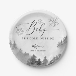 Baby It's Cold Outside Grey Snowflakes Shower Paper Plate