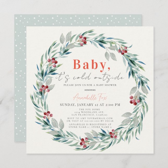 Baby It's Cold Outside Holiday Wreath Baby Shower Invitation (Front/Back)