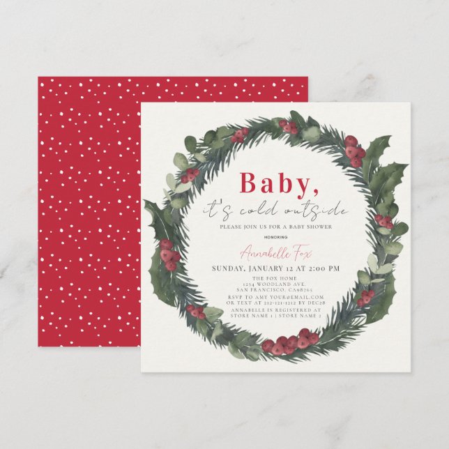Baby It's Cold Outside Holiday Wreath Baby Shower  Invitation (Front/Back)