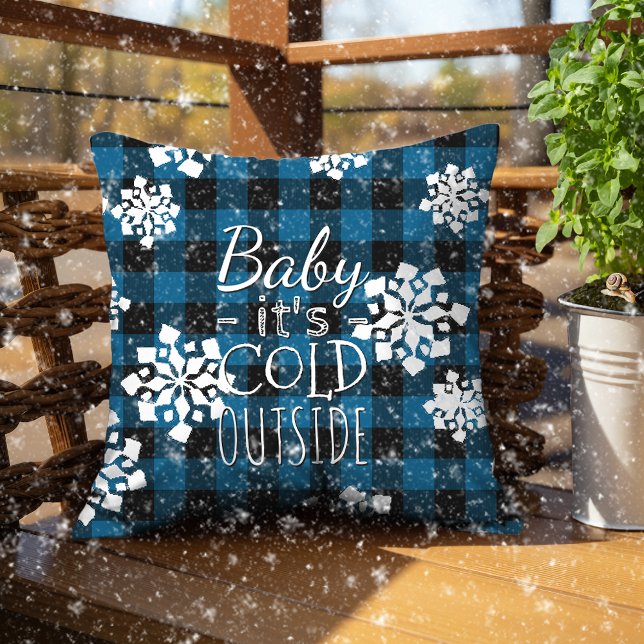 Baby Its Cold Outside On Blue Black Plaid Pattern Cushion (Creator Uploaded)