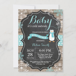 Baby its Cold Outside Penguin Aqua Baby Shower Invitation