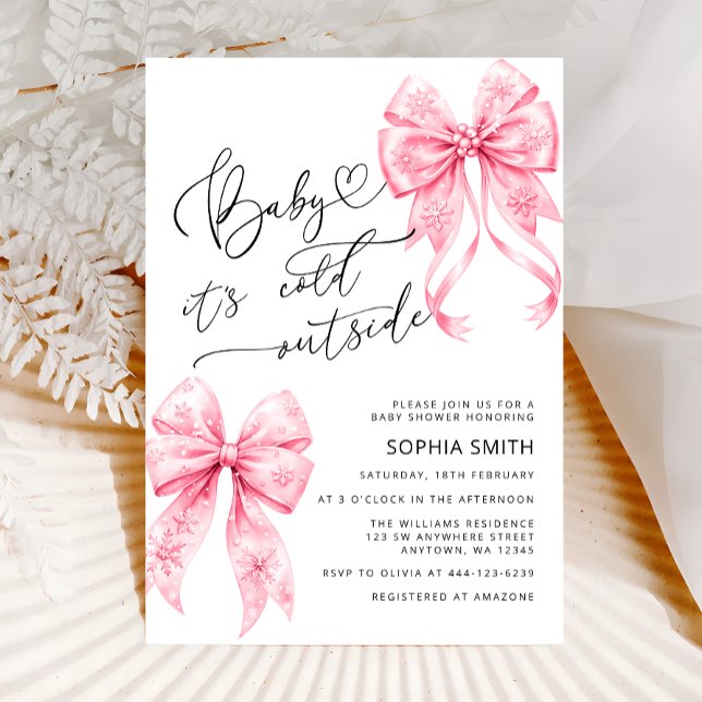 Baby It's Cold Outside Pink Bows Girl Baby Shower Invitation (Creator Uploaded)