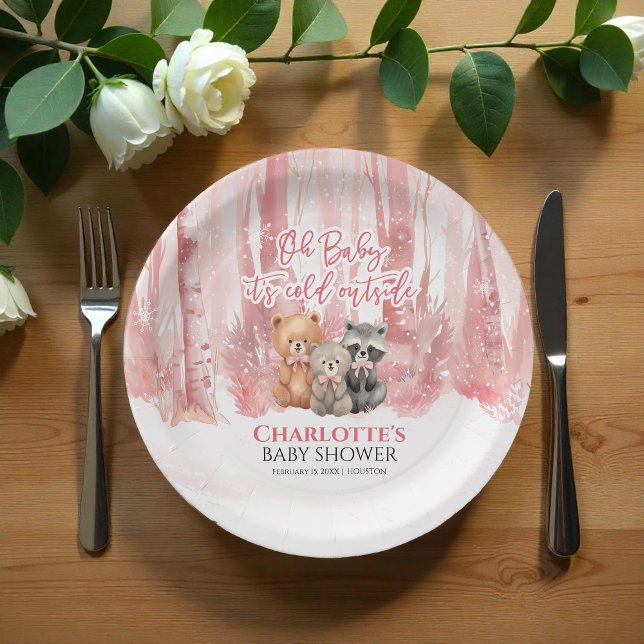 Baby it's cold outside Pink Forest Baby Shower  Paper Plate (Creator Uploaded)