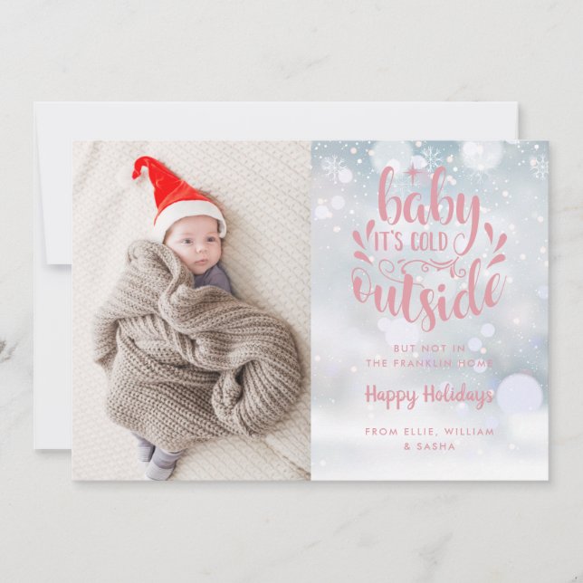 Baby Its Cold Outside Pink Girl Holiday Birth Anno Announcement (Front)