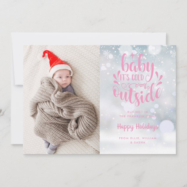 Baby Its Cold Outside Pink Girl Holiday Birth Announcement (Front)