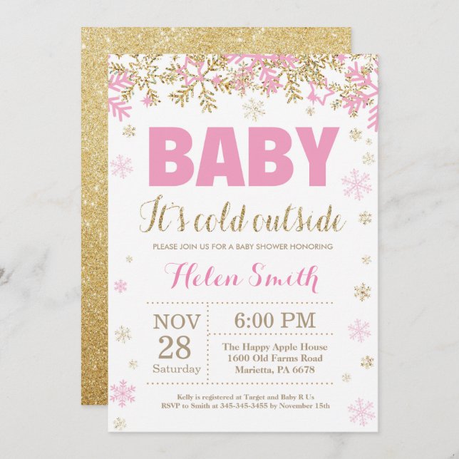Baby its Cold Outside Pink Gold Girl Baby Shower Invitation (Front/Back)