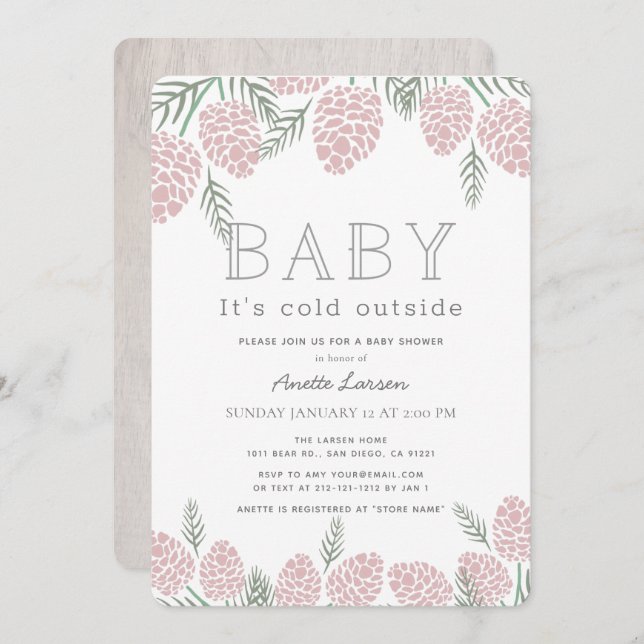 Baby Its Cold Outside Pink Pine Cone Baby Shower Invitation (Front/Back)