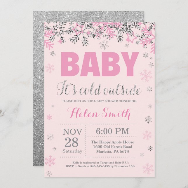 Baby its Cold Outside Pink Silver Girl Baby Shower Invitation (Front/Back)