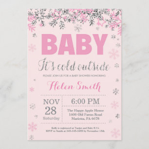 Baby its Cold Outside Pink Silver Girl Baby Shower Invitation