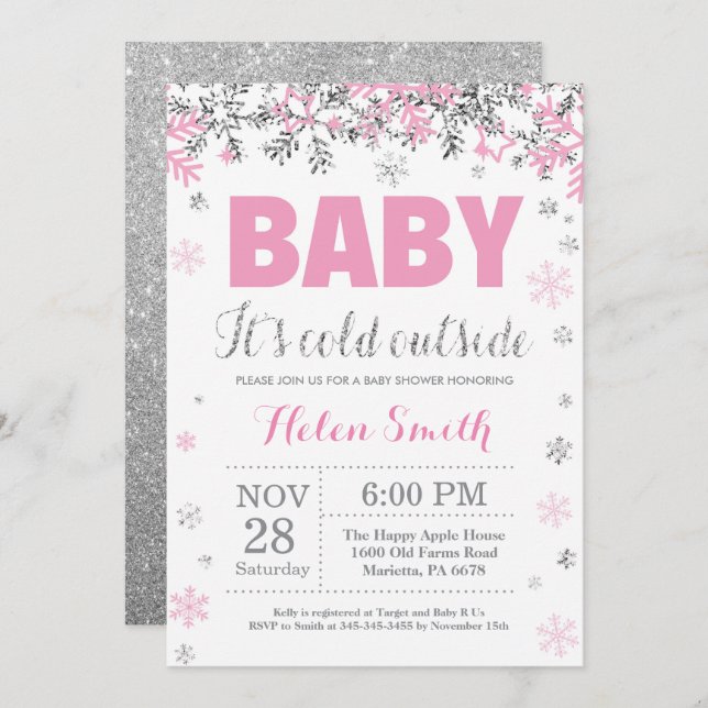 Baby its Cold Outside Pink Silver Girl Baby Shower Invitation (Front/Back)