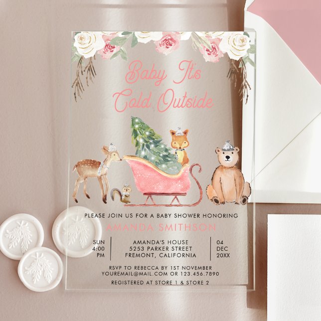 Baby It's Cold Outside Pink Sleigh Baby Shower Acrylic Invitations (Creator Uploaded)