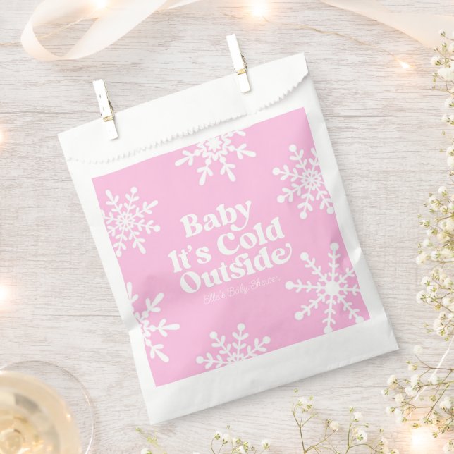 Baby It's Cold Outside Pink Snowflake Baby Shower Favour Bag (Clipped)