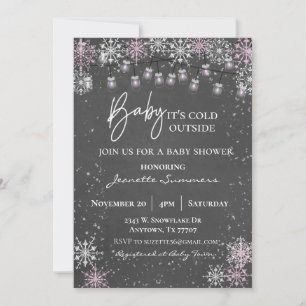 Baby It's Cold Outside Pink Snowflake Mason Jar Invitation