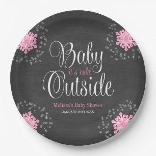 Baby It's Cold Outside Pink Snowflakes Baby Shower Paper Plate