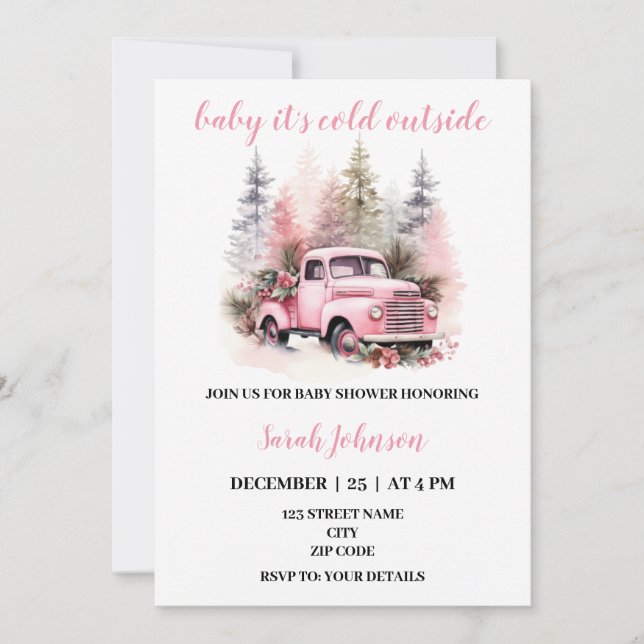 Baby it's cold outside pink truck baby shower invitation (Front)