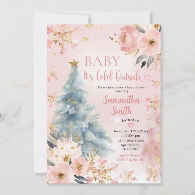 Baby It's Cold Outside Pink Winter Snowflake Baby Invitation (Front)