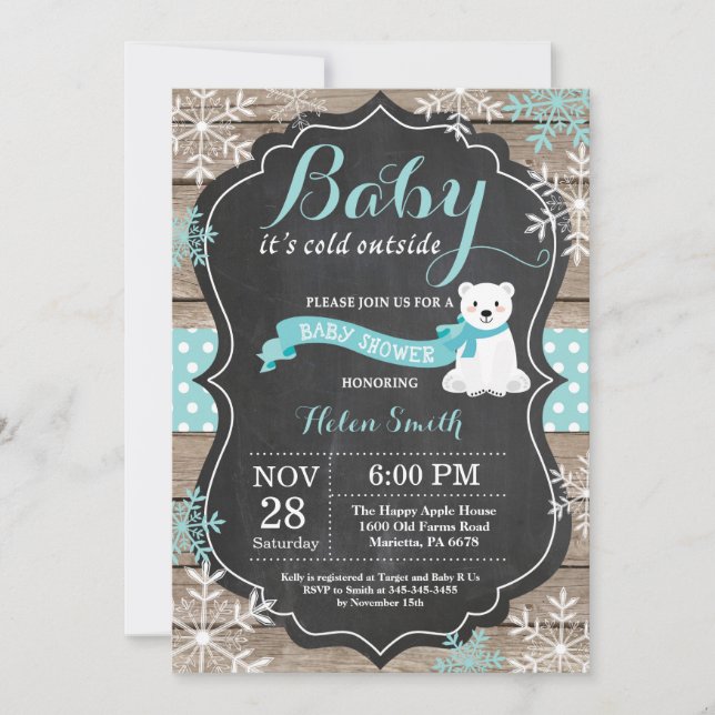 Baby its Cold Outside Polar Bear Aqua Baby Shower Invitation (Front)