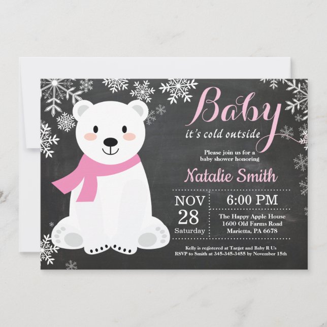 Baby its Cold Outside Polar Bear Girl Baby Shower Invitation (Front)