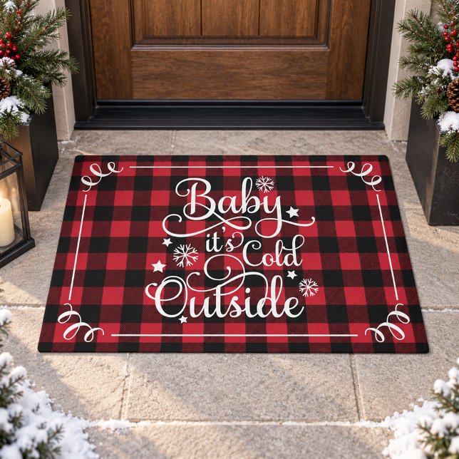 Baby Its Cold Outside Red Check Script Doormat (Creator Uploaded)