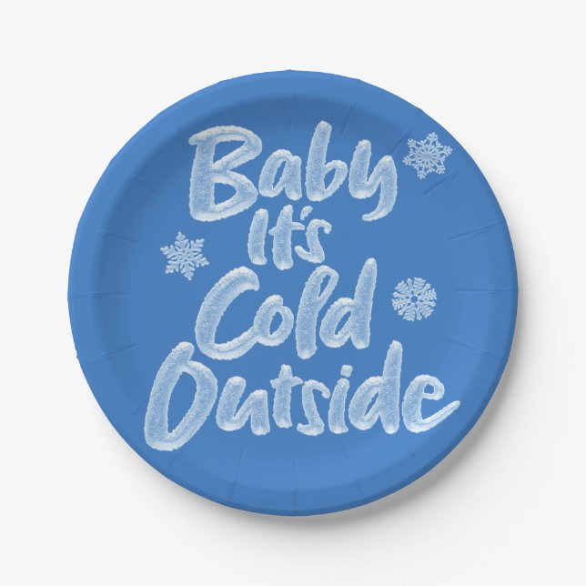 Baby It's Cold Outside Retro Blue Frozen Christmas Paper Plate (Front)