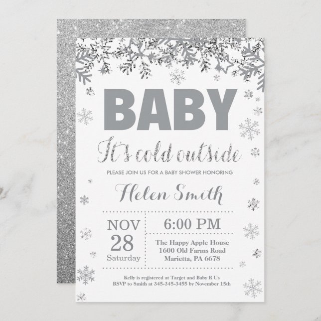 Baby its Cold Outside Silver and Grey Baby Shower Invitation (Front/Back)