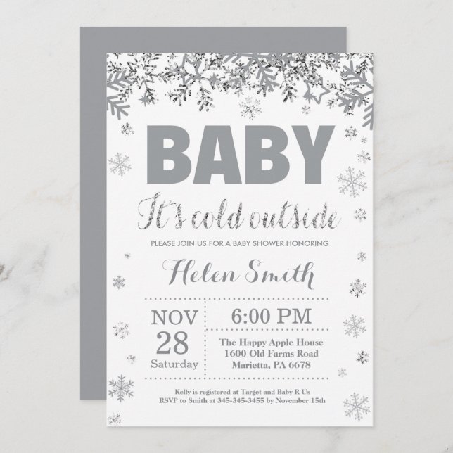 Baby its Cold Outside Silver and Grey Baby Shower Invitation (Front/Back)