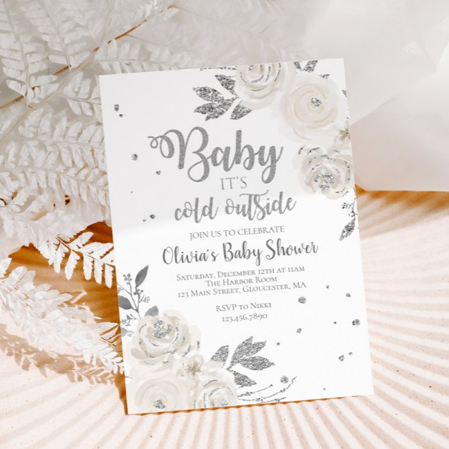 Baby it's Cold Outside Silver Floral Baby Shower Invitation (Creator Uploaded)