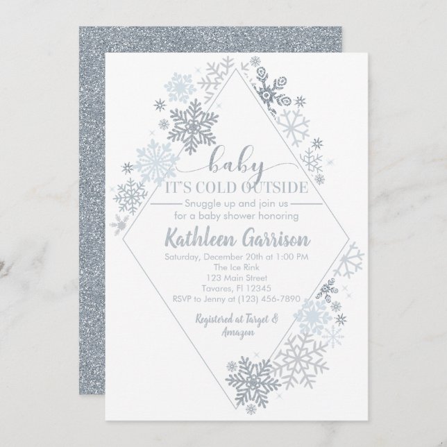 Baby It's Cold Outside Silver Snowflake Shower Invitation (Front/Back)