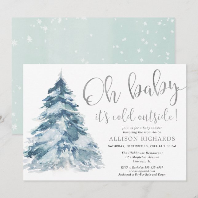Baby it's cold outside silver white baby shower invitation (Front/Back)