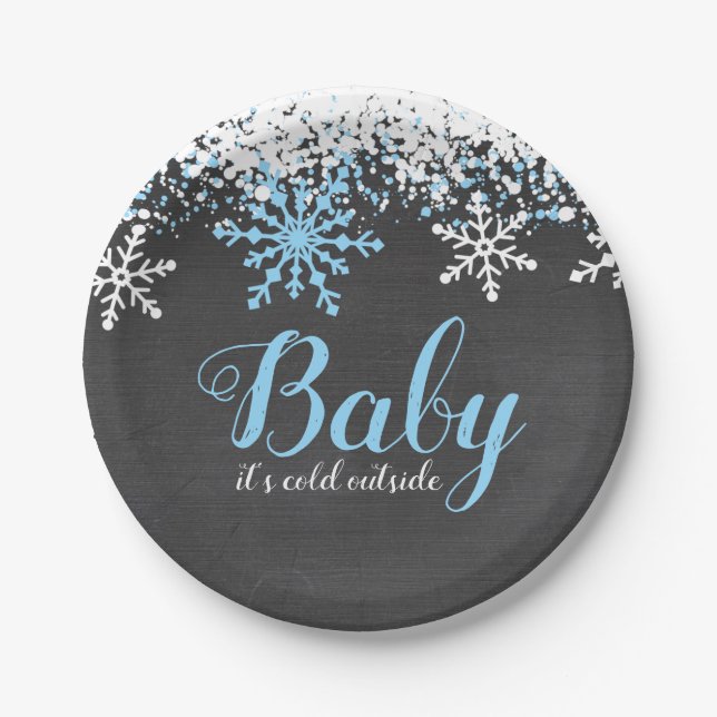 Baby Its Cold Outside Snow Winter Boy Baby Shower Paper Plate (Front)