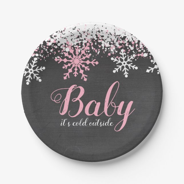 Baby Its Cold Outside Snow Winter Girl Baby Shower Paper Plate (Front)
