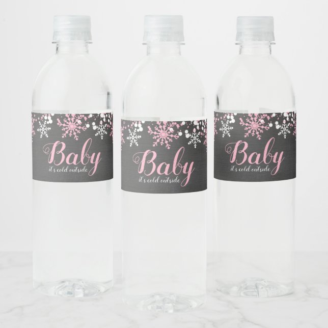 Baby Its Cold Outside Snow Winter Girl Baby Shower Water Bottle Label (Bottles)