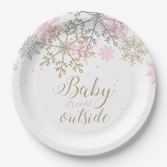 Baby It's Cold Outside Snowflake Baby Shower Paper Paper Plate (Front)