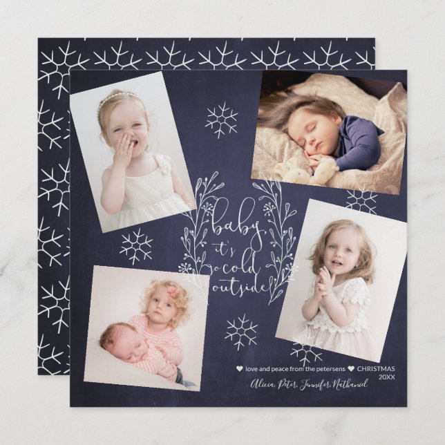 Baby It's Cold Outside Snowflakes 4 Photos Navy Invitation (Front/Back)