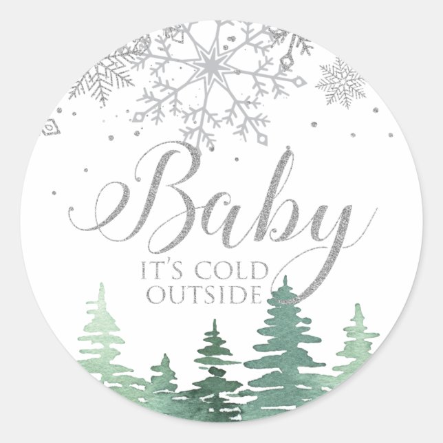 Baby It's Cold Outside snowflakes and trees Classic Round Sticker (Front)