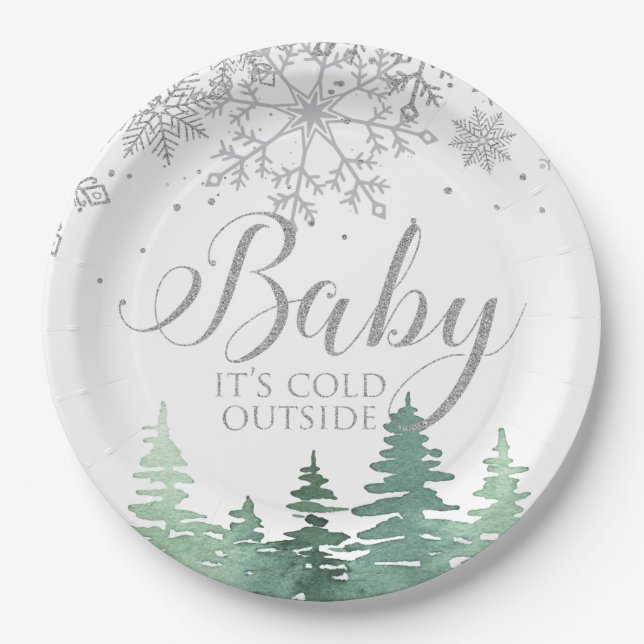 Baby It's Cold Outside snowflakes and trees Paper Plate (Front)