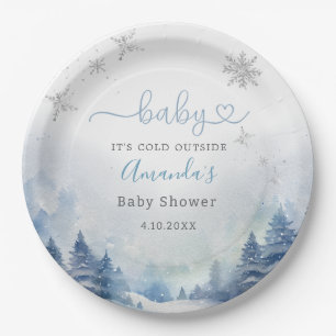 Baby It's Cold Outside watercolor Blue Snowflakes  Paper Plate