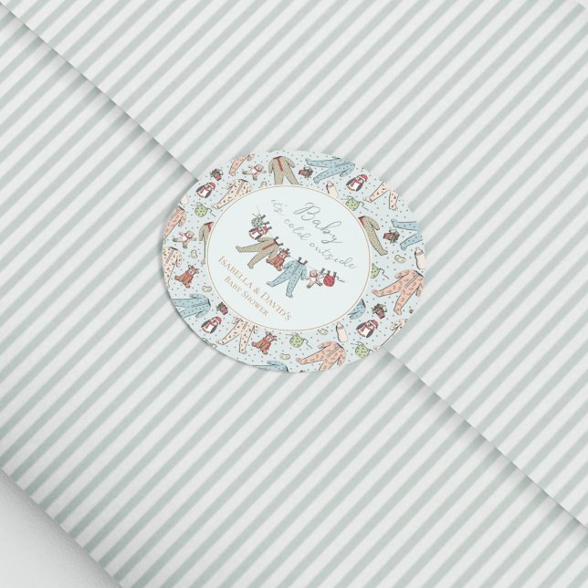 Baby Its Cold Outside Winter Baby Shower Classic Round Sticker (Cute Christmas Baby Shower Baby It's Cold Outside Favor Sticker in Baby Blue. Holiday Pajamas)