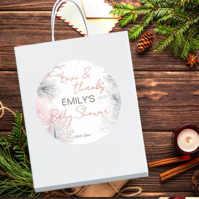 Baby it's cold outside winter baby shower favour classic round sticker (Winter baby shower pastel pink grey snowy pines thank you favor stickers template watercolor pines)
