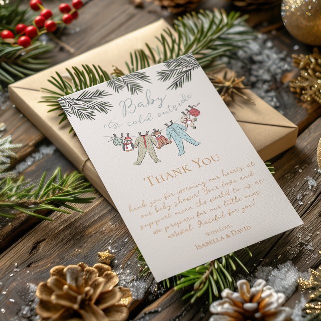 Baby Its Cold Outside Winter Baby Shower Invitation (Baby It's Cold Outside Winter Baby Shower Thank You Card. Hand Drawn Xmas Baby Pajamas & Pine Leaves)