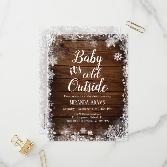 Baby it's cold outside Winter Baby Shower Invitation Postcard (Front/Back In Situ)
