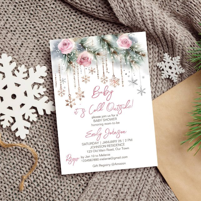 Baby it's cold outside winter baby shower pastel invitation (Baby it's cold outside winter baby shower template  invitation pastel pines pink roses snowflakes)