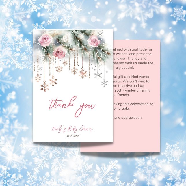 Baby it's cold outside winter baby shower pastel thank you card (Baby it's cold outside winter baby shower pastel thank you card blush pink roses crystal snowflakes)