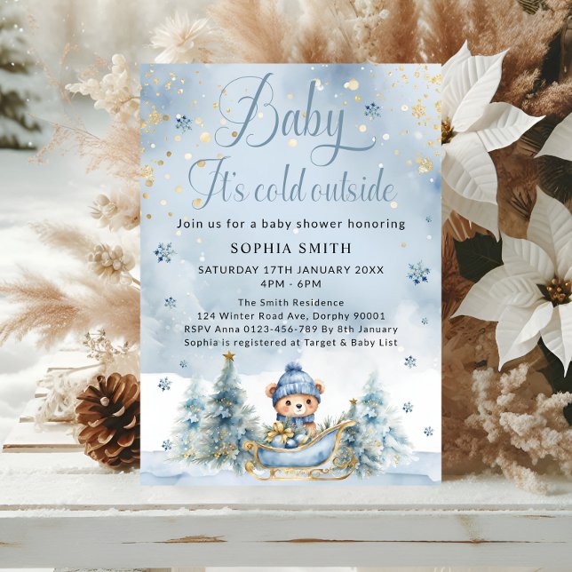 Baby It's Cold Outside Winter Bear │Blue Gold Invitation (Creator Uploaded)