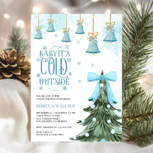 Baby It's Cold Outside Winter Blue Bow Baby Shower Invitation